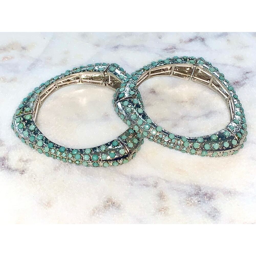 Set of Two Boho Silver Tone Mint Green Geometric Triangle Stretch Bracelets